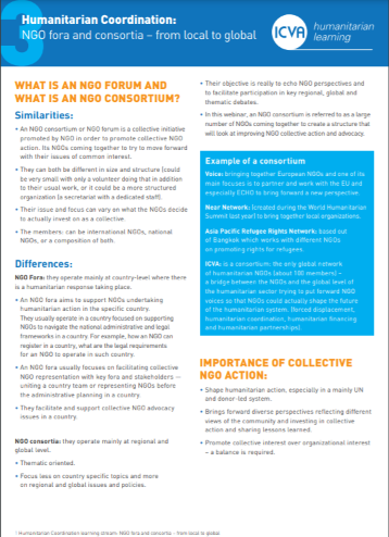 Briefing Paper: Humanitarian Coordination - NGO Fora and Consortia – from Local to Global 