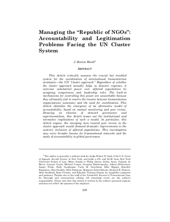 Managing the "Republic of NGOs": accountability and legitimation problems facing the UN cluster system
